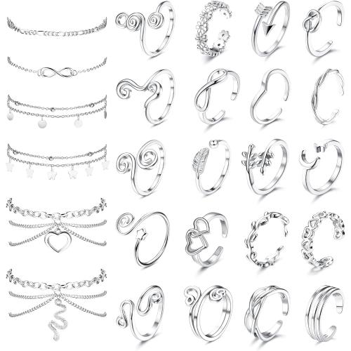 ORAZIO Toe Rings and Ankle Bracelets for Women Silver Rose Gold Plated Anklet Toe Rings Cute Layered Anklets Open Tail Rings Adjustable Beach Foot Jewelry for Summer
