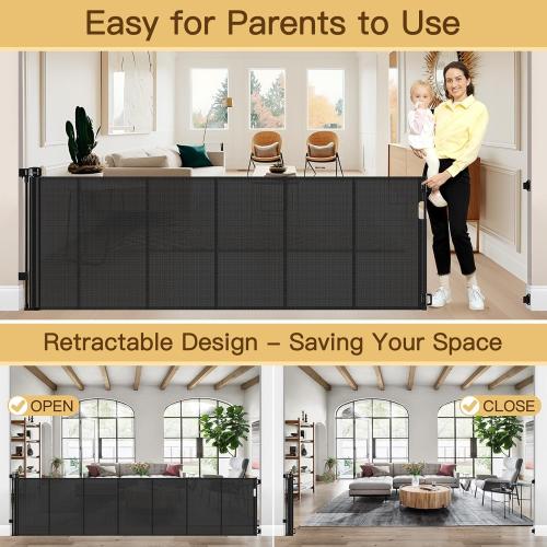 Reinforced 200 Inch Extra Wide Retractable Baby Gates to Prevent Crawling Through, Indoor/Outdoor Baby Gates for Decks, 16 ft Mesh Retractable Fence/Barrier/Blocker/Screen Gate for Garage, Black