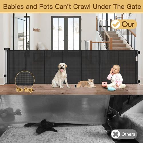 Reinforced 200 Inch Extra Wide Retractable Baby Gates to Prevent Crawling Through, Indoor/Outdoor Baby Gates for Decks, 16 ft Mesh Retractable Fence/Barrier/Blocker/Screen Gate for Garage, Black