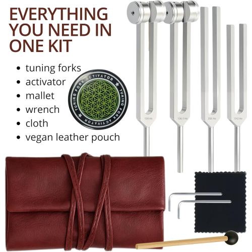 Tuning Forks for Healing Set – Weighted Chakra Tuning Fork Set 128Hz 136.1Hz 256Hz 512Hz with Sound Therapy Activator and Pouch Solfeggio Kit for Healing Therapy Meditation