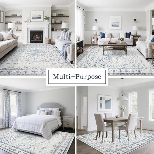 Srugn Washable Rugs 8x10 Area Rugs for Living Room,Rugs for Bedroom,Large Carpets,Ultra Soft Faux Wool Retro Dining Room Rug,Non Slip&Non-Shedding Low Pile Vintage Print Rug for Home Office-Blue