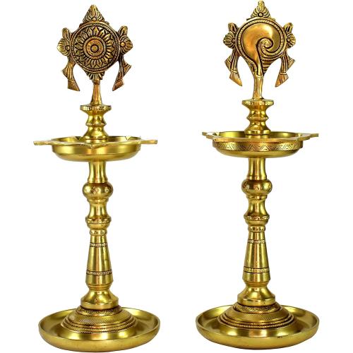 Brass Oil Lamps - Shankh Chakra Narayan Oil Lamp, Diya, Deepam, Brass Lamps Kuthu Vilakku 13 Inches
