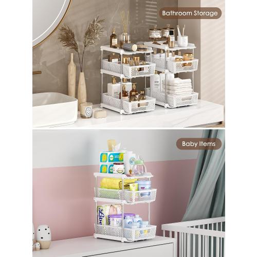 3Pcs 3 Tier Bathroom Organizers and Storage, UPGRADE WIDER BOLDER, Pull Out Under Sink Organizer with Dividers, Kitchen Pantry Organizers and Storage, Bathroom Storage Cabinet - White