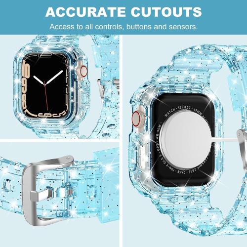 XYF Compatible for Crystal Clear Apple Watch Bands 45/44mm GlitterBlue | Sport Strap & Bumper Case Cover for Men Women, Crystal Clear Jelly, Compatible iWatch Ultra 3 2 Series 11 10 9 8 7 SE 6 5 4 3