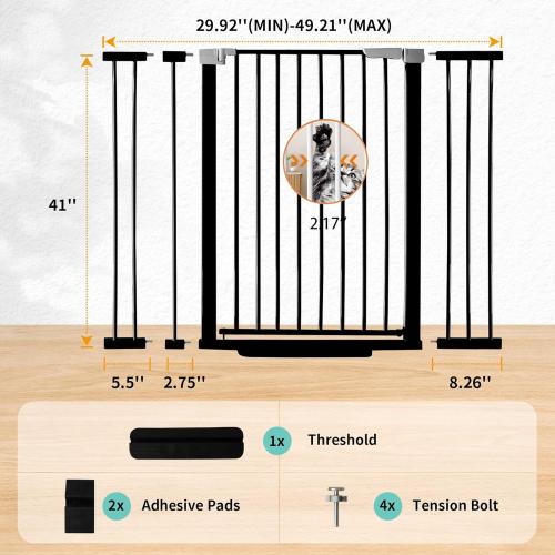 41 Tall Safety Pet Gate,Adjustable 29.92-49.21 Wide,No Drilling Pressure Mount Kit,Auto Close Cat Gate Suitable for Stairs,Doorways (Black, 29.92-49.21)