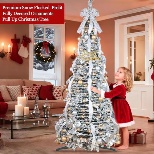 6 Ft Flocked Pop up Christmas Tree,Prelit 200 LED Lights,Opens Instantly,Fully Decorated 80 Ornaments,8 Mode Warm White Light & Timer,Foldable Xmas Tree Fire-Resistant Collapsible Outdoor Indoor Decor