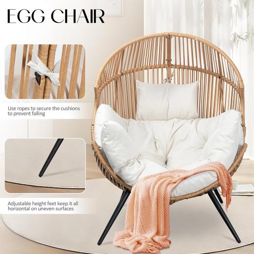 Egg Chair Wicker Outdoor Chairs, Oversized Patio Chair Oversized Lounger Chair with Cushion for Indoor Living Room, Bedroom, Outside Patio Backyard Balcony, Beige