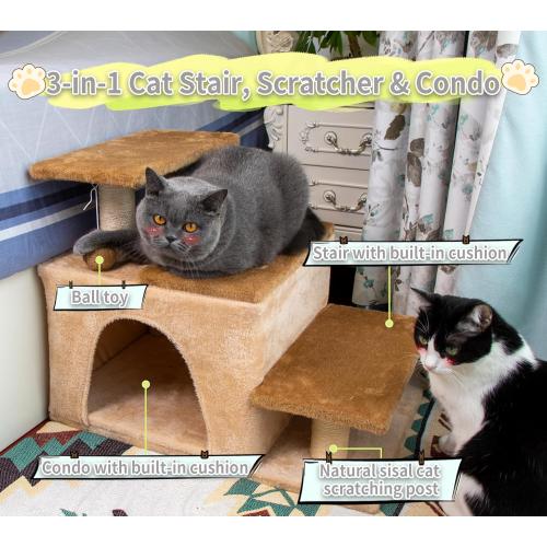 3-in-1 Pet Stairs for Cats for High Bed, Adjustable Dog Steps, Modular 3-Tier, Cushioned Steps & Big Cat Condo, Adjustable Entrance, Dangling Ball, for Kittens, Senior & Fat Cats (Grey, Large)