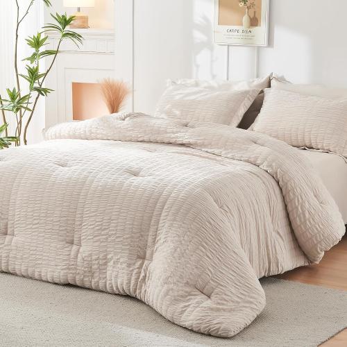 Beige HYMOKEGE Comforter Set Seersucker 7 Pieces, All Season Luxury Bed in a Bag for Bedroom, Bedding Set with Comforters, Sheets, Pillowcases & Shams