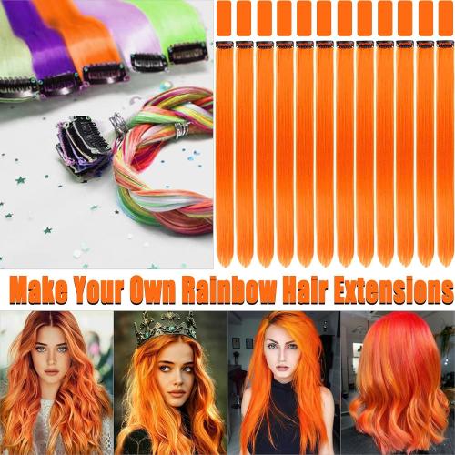 8 PCS Orange Hair Extensions Clip in, 22 Inch Colored Party Synthetic Neon Highlights Extensions, Rainbow Hair Accessories for Women Hair Pieces (Orange)