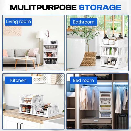 Stackable Plastic Storage Baskets–Set of of 4, Wardrobe & Closet Organizer – Durable Stacking Bins for Clothes, Pantry, or Shelf – Foldable & Space-Saving with 2 Label Sheets-White