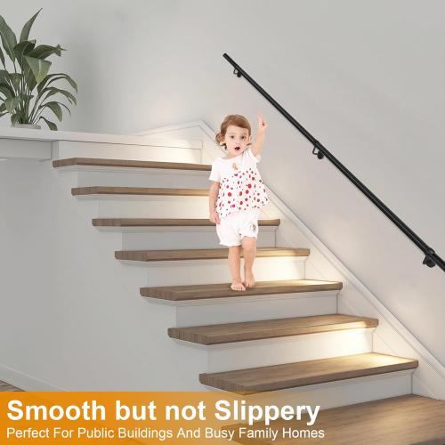 12Ft Industrial Metal Stairs Handrail Kit, Sturdy Wall Mount Aluminum Hand Rail, Indoor Outdoor Stair Railing Wood Concrete Brick Wall,1.5 in Round Pipe Grab Bar, Matte Black-12FT