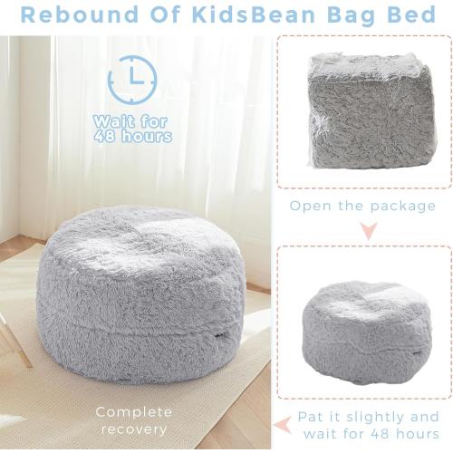 Grey MAXYOYO Bean Bag Chair Bed for Kids, Plush Convertible Bean Bag Folds from Lazy Chair to Floor Mattress Bed, Stuffed Floor Sofa Couch for Boys and Girls, Machine Washable