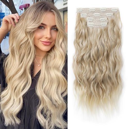 Set of 4 Color Blond REECHO Clip in Hair Extensions, 4PCS Blonde Hair Extensions 24 Thick Long Beach Waves hair extensions HE003 Invisible Lace Weft Natural Soft Hairpieces for Women – Dark Blonde with Light Ends