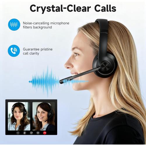 AOC Wireless Headset with Mic for Work, Bluetooth 5.4 Headphones with Noise Canceling Microphone, USB C, 30H, Clear Calls & Mic Mute for PC, Laptop, Cell Phones, Zoom - Black