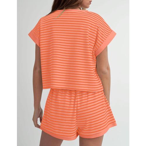 MISSACTIVER 2 Piece Lounge Set Women Stripe Knit Short Sleeve Tee Shirts Shorts Casual Summer Loungewear Shorts Sets