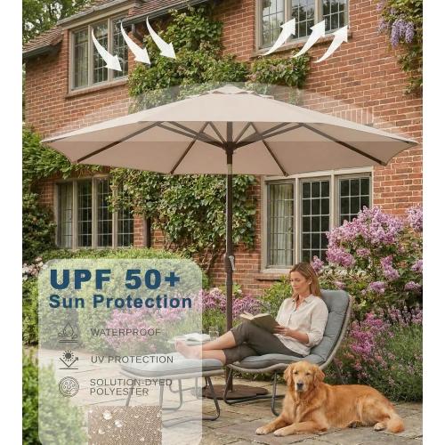 Patio Outdoor Umbrella-UPF 50  Sun Shade with Wind Vent, Push-Button Tilt & Smooth Crank Lift, Rust-Resistant Fiberglass Frame for Garden, Backyard,Yard (Beige)