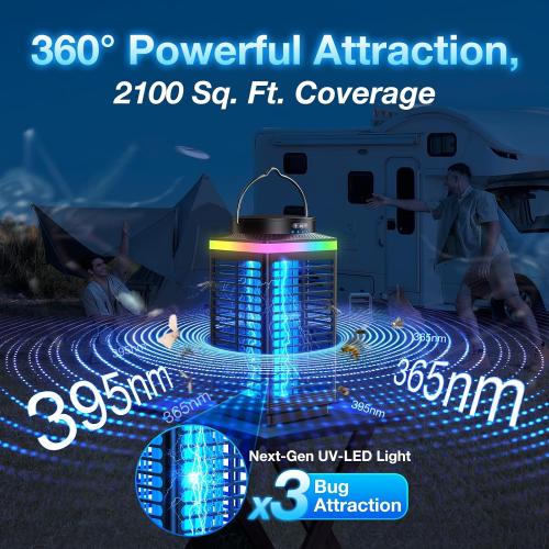 Black Bug Zapper Outdoor Cordless, 4200V Electric Mosquito Zapper with LED Blue Light, 3 in 1 Portable & Rechargeable Bug Zapper Outdoor Waterproof IP67, Wireless Hanging Fly Zapper for Camping Patio,Black