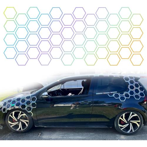 48 Grids Honeycomb Hexagon Pattern Car Vinyl Stickers Racing Sports DIY Decal Self-Adhesive Auto Side Door Stickers Car Exterior Decoration Accessories (Holographic Laser, 33.46 x 78.74)