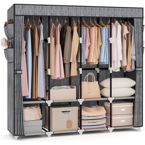 VTRIN Portable Closet for Hanging Clothes 67 Inch Wide Large Capacity Portable Wardrobe Closet with Cover, 4 Storage Shelves and 4 Hanging Rod Sturdy Free Standing Closet for Bedroom, Printing