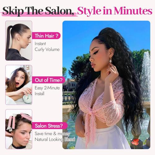 Black Hot Pink Curly Synthetic Drawstring Ponytail Extension | Lightweight 160g Natural Looking Heat Resistant Wavy Hairpieces for Women Daily Use Party 30 Inch Black Hot Pink Highlights