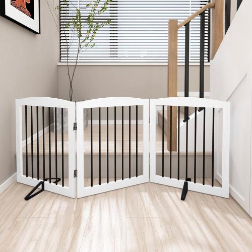 Freestanding Wooden Pet Gate for House, Foldable Indoor Dog Gate for Doorways, Stairs - 24 Height, 3 Panels, White