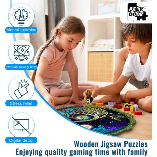Wooden Puzzles for Adults - 100 Pieces Yinyang Tree of Life Wooden Puzzle - Unique Animal Shape Wood Cut Puzzles - Eco-Friendly Home Office Decor (S-7.9 * 7.9in)