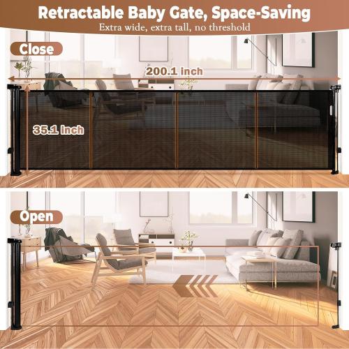 Black 200.1 x 35.1 Retractable Baby Gate Extra Wide, 35.1 Tall Retractable Dog Gate for Stairs, Doorways, Decks, Mesh Gate Long Child Gate Pet Gate for Indoor, Outdoor, with Reinforced Mesh Rods, Dual Locks