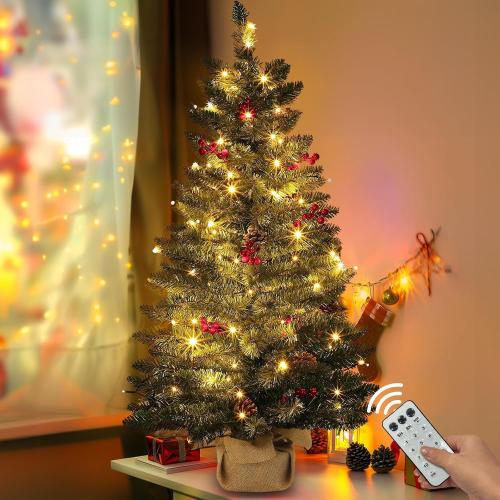 3 ft Artificial Mini Christmas Tree, Remote Control and Timer, Tabletop Small Christmas Trees 50 Warm White&Colorful Dual Color Lights 110 Tips 12 Pinecones 12 Red Berries Burlap Base Home Xmas Decor