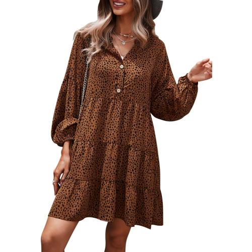 Size M... Womens Long Sleeve Dress: Leopard Printed Tunic Casual Loose V Neck Fall Flowy Mini Dresses