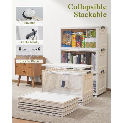 OlarHike 76QT Stackable Storage Bins with Lids - Folding Storage Box with Doors and Wheels, Collapsible Plastic Storage Bins for Closets, Home Organizers, 4 Pack Cubes (Warm Gray)