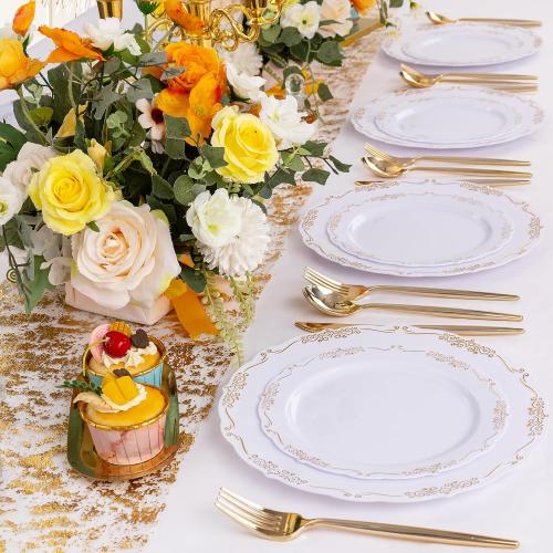 U-QE 100PCS Gold Plates Disposable - Heavy Duty White and Gold Plates Including 50PCS 10'' Dinner & 50PCS 7.5'' Dessert Plates Perfect for Upscale Party, Wedding