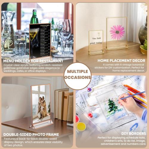 Acrylic Sign Holders 5x7” with 5 Stickers, Double Sided Clear Display Stand, Gold Tabletop Picture Frame, Table Menu Holder Display Stand for Wedding Number (Gold, 5 Pack 5x7 Inch)