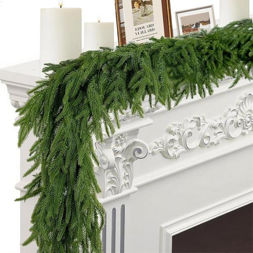 6FT Artificial Norfolk Pine Garlands for Christmas Decorations,Real Touch 2 PCS Winter Faux Greenery Garlands for Mantel Table Stair Fireplace Wall Holiday Indoor Outdoor Decor