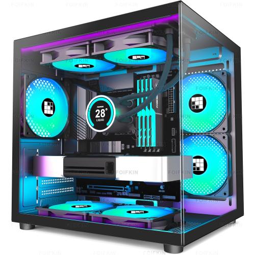 F100 PC Case - Pre-Installed 3 ARGB Fan, Micro-ATX Gaming PC Case, 270° Panoramic Glass with USB 3.0, FOIFKIN (Black)