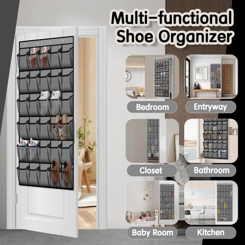 Over the Door Shoe Organizer with 30 Breathable Mesh Pockets - Large Capacity Closet Storage for Men & Women, Hanging Shoe Rack Organizer (Gray)