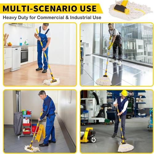 Professional Commercial Mop Industrial Heavy Duty Mop with 54 Long Handle ,Wet Mop for Home,Workshop,Garage Floors Cleaning,with 53'' Stainless Steel Mop Handle,Yellow