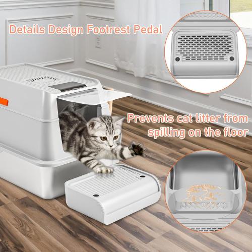 Stainless Steel Litter Box with Lid, Covered XL Extra Large Cat Litter Box Enclosure, Metal Kitty Litter Boxes with High Sided, Litter Scoop and Filter Pedal, Anti-Leakage, Non-Stick, Easy to Clean