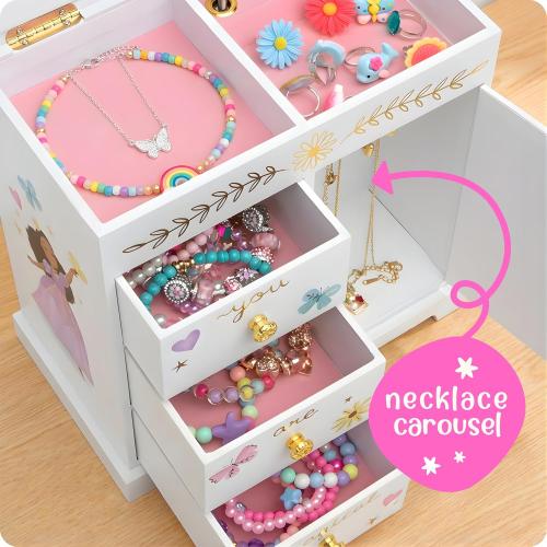 Giggle & Honey Princess Musical Jewelry Box for Girls - Kids Music Box with Drawers, Fairytale Gifts for Girls Birthday, Princess Jewelry Boxes for Ages 3-10 - 9 x 5 x 9.3 in, White
