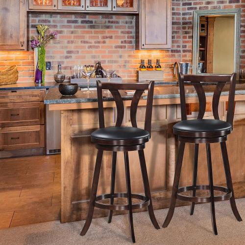 COSTWAY Bar Stools Set of 2, 360-Degree Swivel Stools with Leather Padded Seat, Single Slat Back & Solid Rubber Wood Legs, Counter Height Stools for Pub, Restaurant, Kitchen, Brown (2, 29inch)