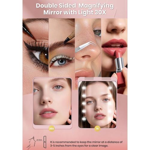 Compact Mirror, Rechargeable Magnifying Makeup Mirror with Light 30X Pink