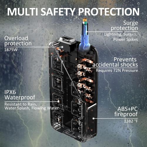 QIYUAN Outdoor Power Strip Weatherproof Waterproof 8 Outlet 3 USB 6FT | Outdoor Extension Cord with Multiple Outlets, Wall Mountable Outlet Extender Heavy Duty 13A for Patio Garden RV Christmas