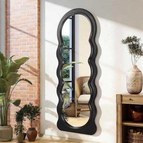 JJUUYOU Full Length Mirror Wavy Wood Framed Floor Mirror,Black Irregular Large Wall Mirrors 63x24 Decorative for Bedroom Living Room Entryway Bathroom Dressing Room Hanging