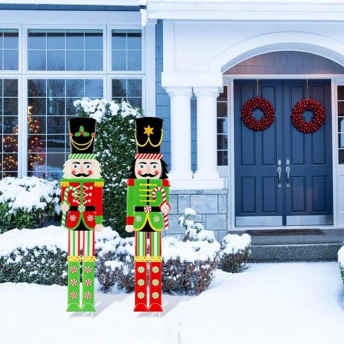 Gisafai 2 Pcs 5ft Large Metal Christmas Nutcracker Outdoor Decoration, Giant Nutcracker Yard Sign with Stakes, Christmas Yard Decor for Garden Pathway Lawn Walkway Holiday Party