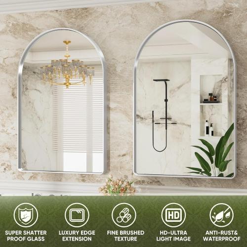 Suidia 24 x 36 Bathroom Mirror, Bathroom Vanity Mirror Metal Framed, Wall-Mounted Mirrors for Bedroom, Living Room, Entryway, Hallway, Silver, Arch Style