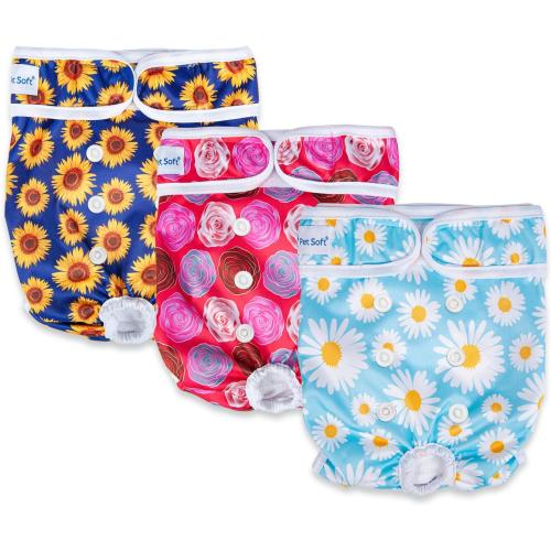 Pet Soft Female Dog Diapers, 3 Pack Washable Dog Diapers Female for Dogs in Heat Reusable Dogs Period Panties, Puppy Diapers (Flower, M)