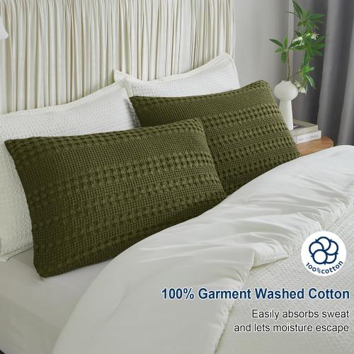 PHF 100% Cotton Waffle Pillow Shams King Size, 2 Pack 20 x 36 Soft Skin-Friendly Pillowcases, No Filling, Aesthetic Woven and Breathable Waffle Weave Pillow Case Covers for Bed, Capulet Olive