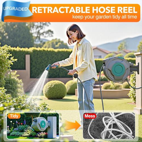 5/8 x 100 ft Retractable Garden Hose Reel, Heavy Duty Water Hose Reel | Any Length Lock, 180°Swivel, Wall Mounted Water Hose with 10-Function Nozzle for Cleaning, Watering (Green)