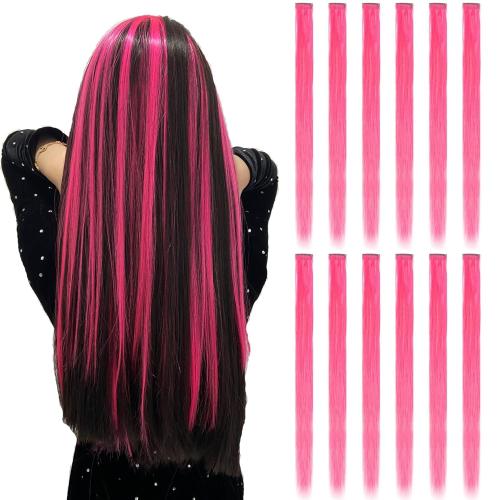 12PCS Colored Hot Pink Hair Extensions - Straight Multicolor Clip In - 20 Inch Rainbow - Kids/Women's Gifts - Halloween/Christmas Parties - Highlights