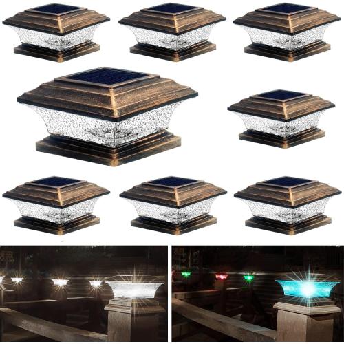 HUYIENO Solar Post Cap Lights Outdoor LED Lighting Deck Fence Light Two Modes Warm White/7 RGB Color Changing Suitable for 4x4 5x5 Wooden Posts (Brushed Copper, 8pk), HY1238
